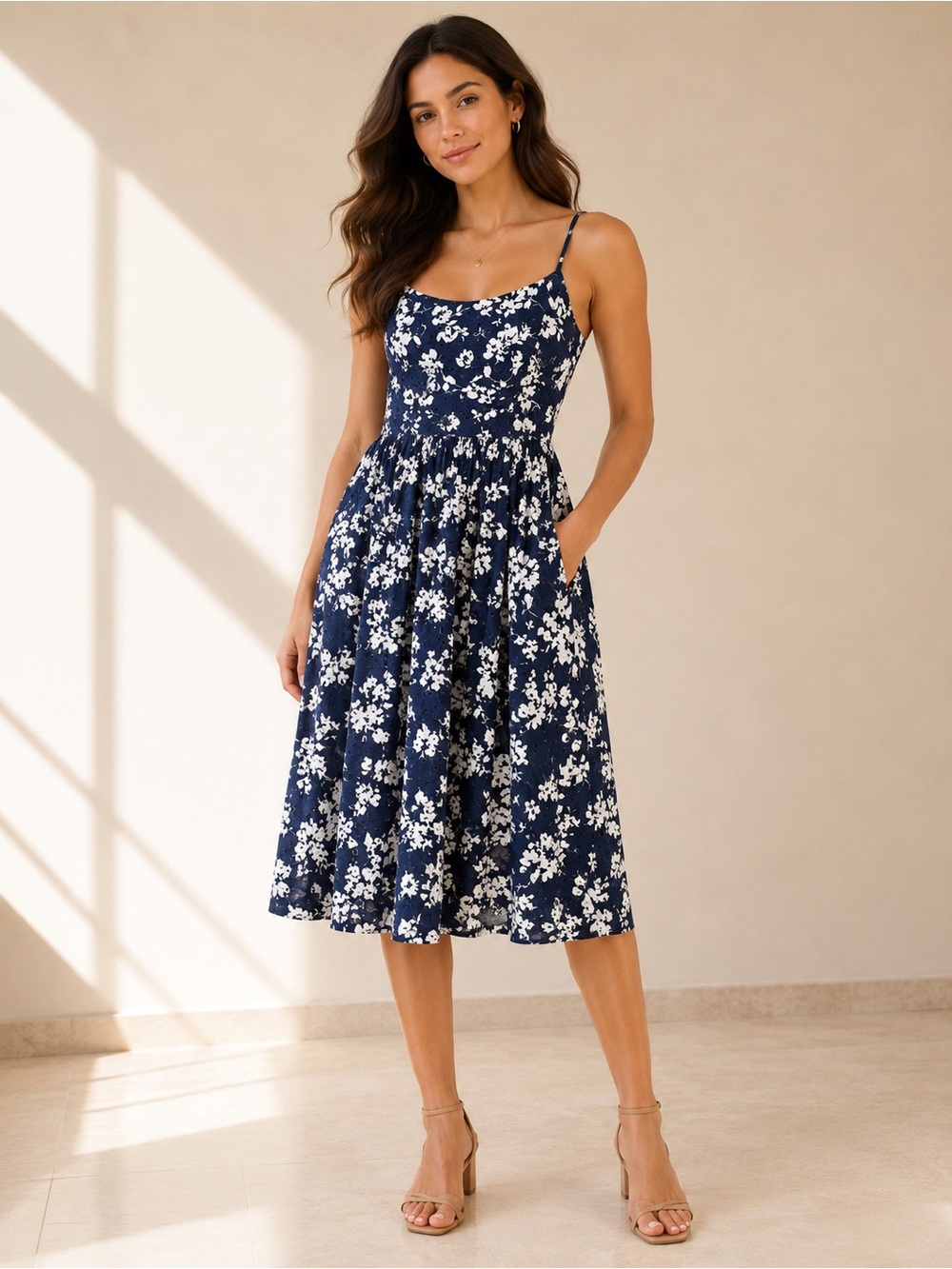 Adorne Navy & White Floral Eyelet Jersey Knit Dress Size 6